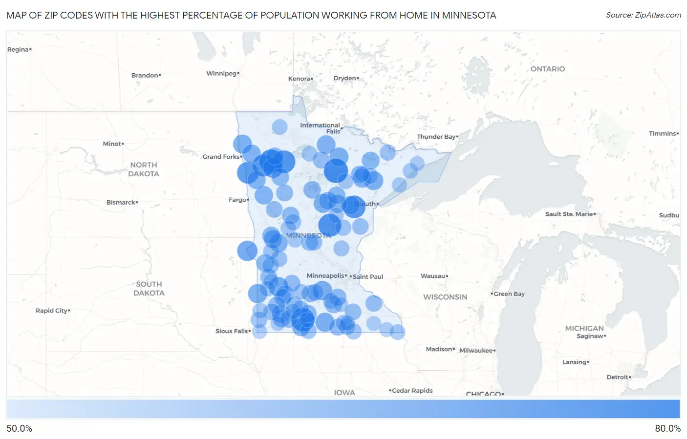 Zip Codes with the Highest Percentage of Population Working from Home in Minnesota Map