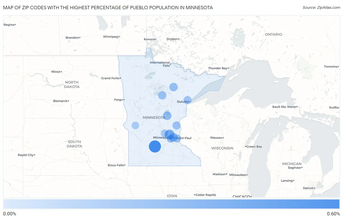 Zip Codes with the Highest Percentage of Pueblo Population in Minnesota Map