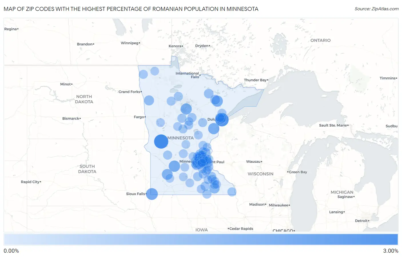 Zip Codes with the Highest Percentage of Romanian Population in Minnesota Map