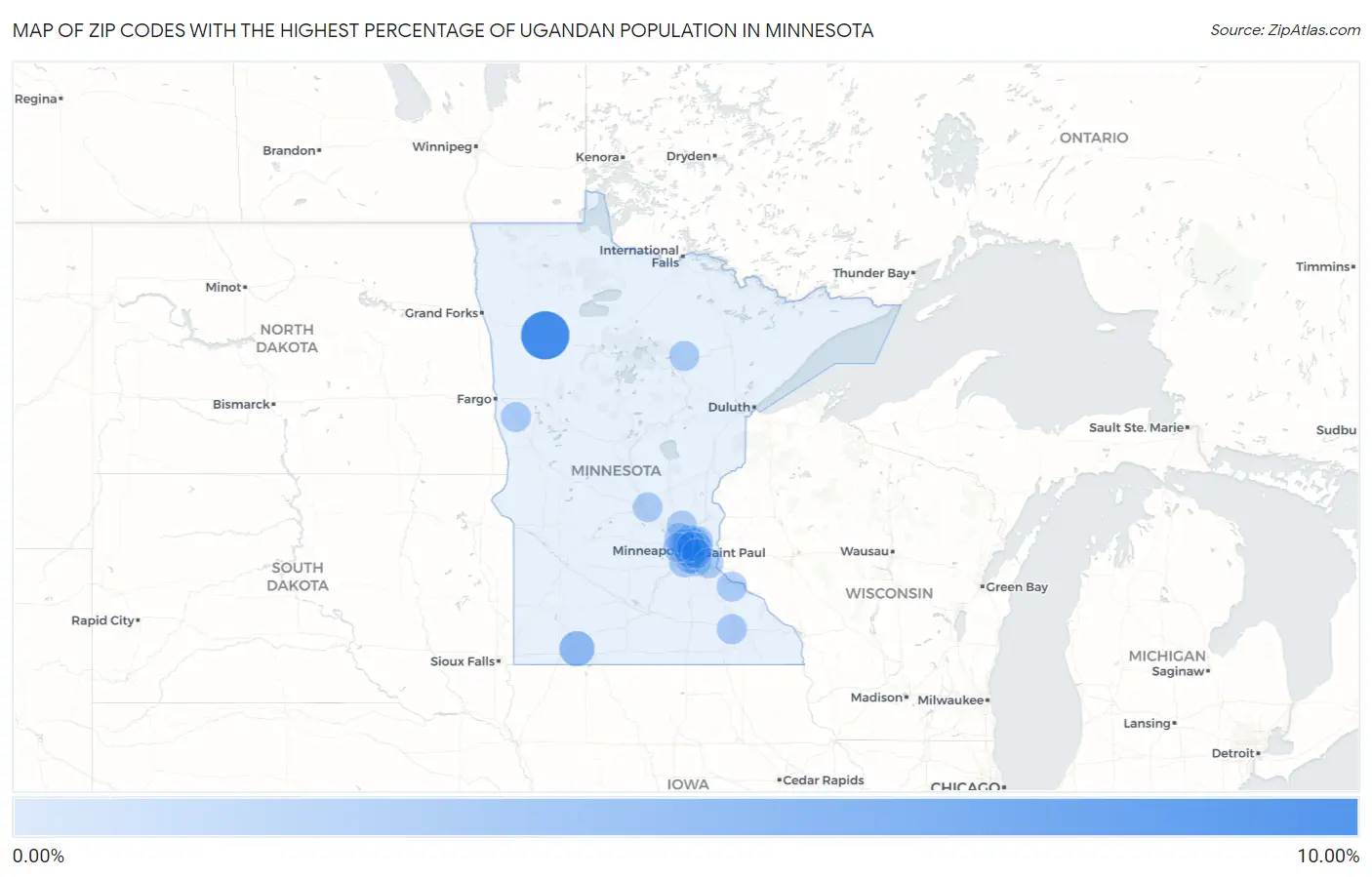 Zip Codes with the Highest Percentage of Ugandan Population in Minnesota Map
