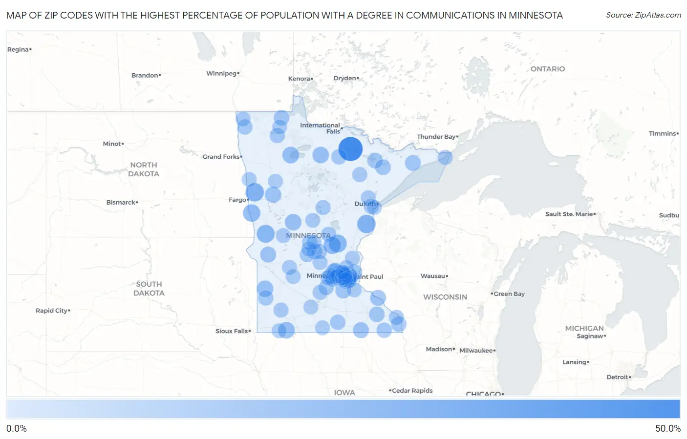 Zip Codes with the Highest Percentage of Population with a Degree in Communications in Minnesota Map