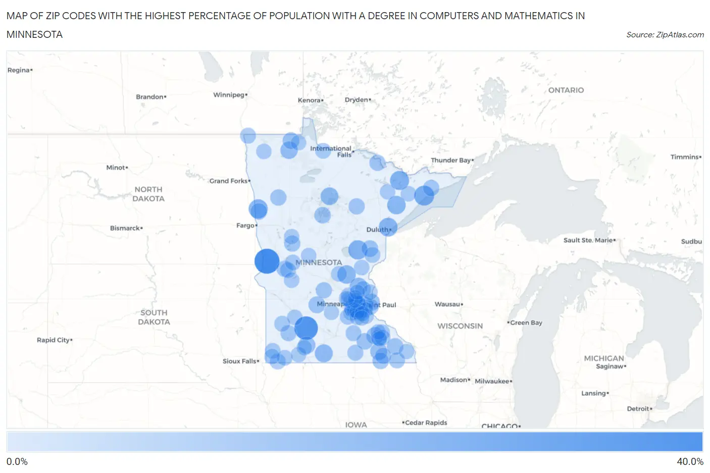 Zip Codes with the Highest Percentage of Population with a Degree in Computers and Mathematics in Minnesota Map