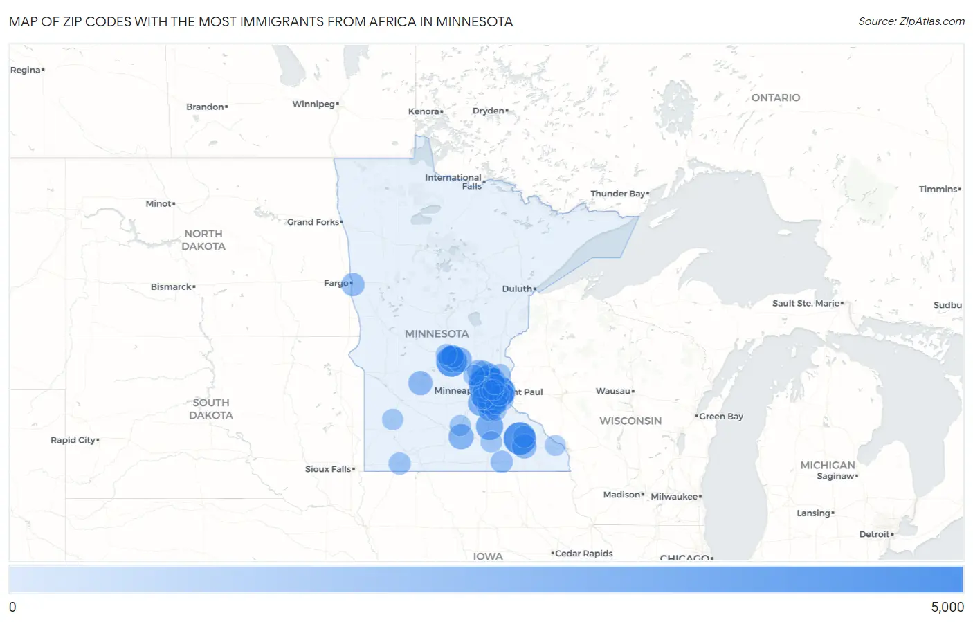 Zip Codes with the Most Immigrants from Africa in Minnesota Map