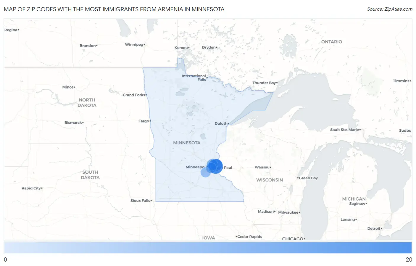 Zip Codes with the Most Immigrants from Armenia in Minnesota Map