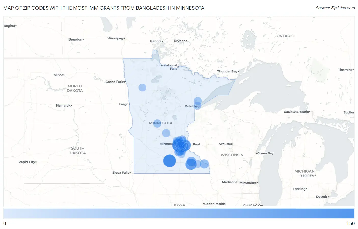 Zip Codes with the Most Immigrants from Bangladesh in Minnesota Map