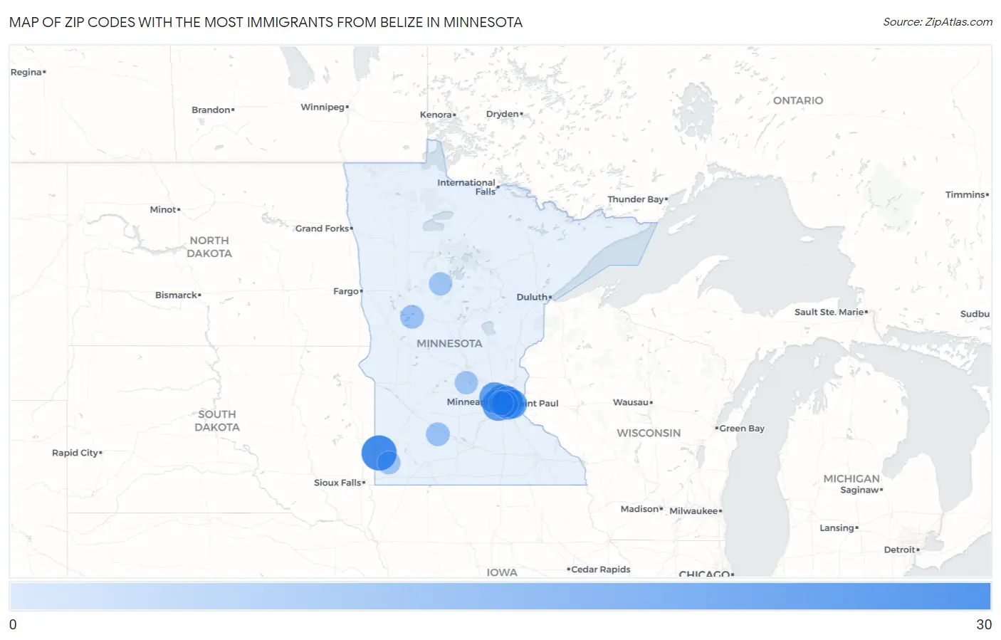 Zip Codes with the Most Immigrants from Belize in Minnesota Map