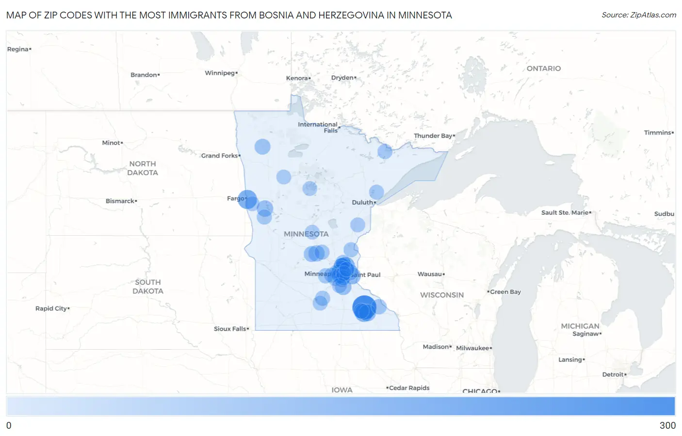 Zip Codes with the Most Immigrants from Bosnia and Herzegovina in Minnesota Map