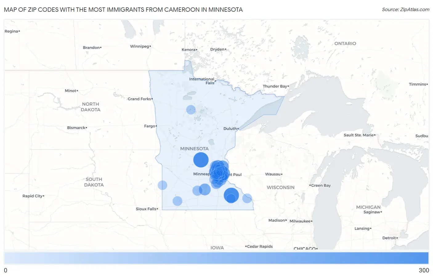 Zip Codes with the Most Immigrants from Cameroon in Minnesota Map