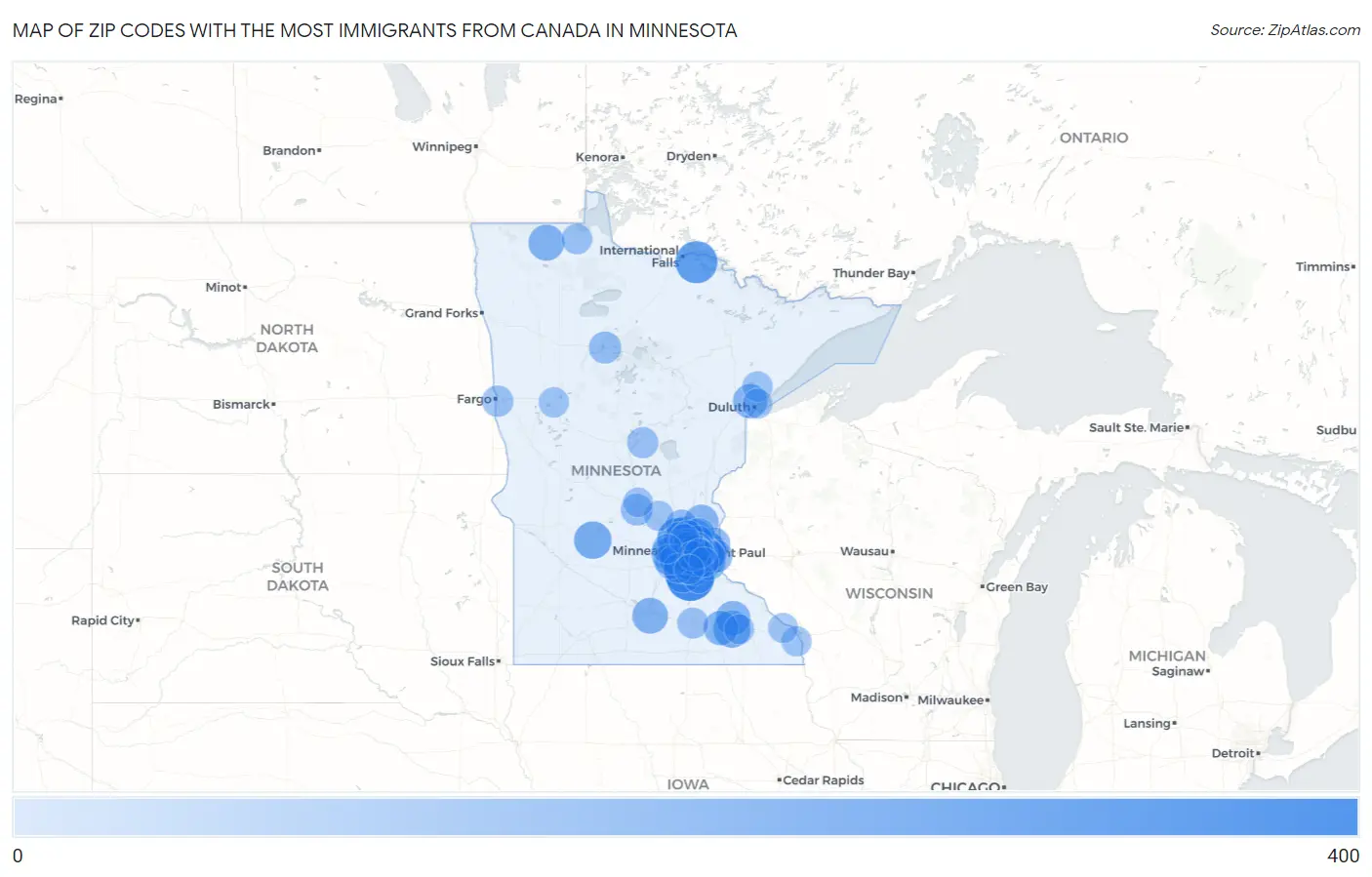 Zip Codes with the Most Immigrants from Canada in Minnesota Map