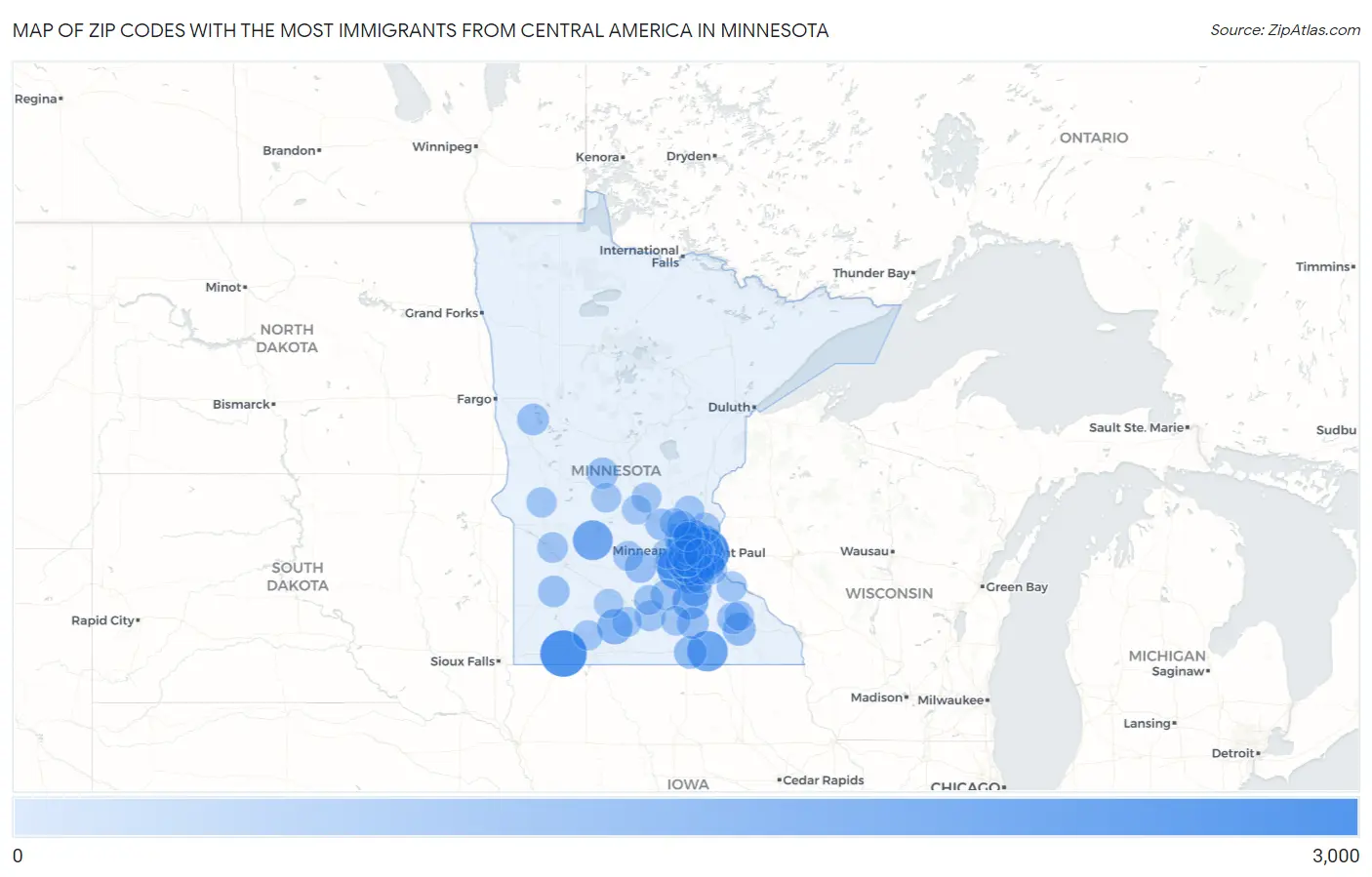 Zip Codes with the Most Immigrants from Central America in Minnesota Map