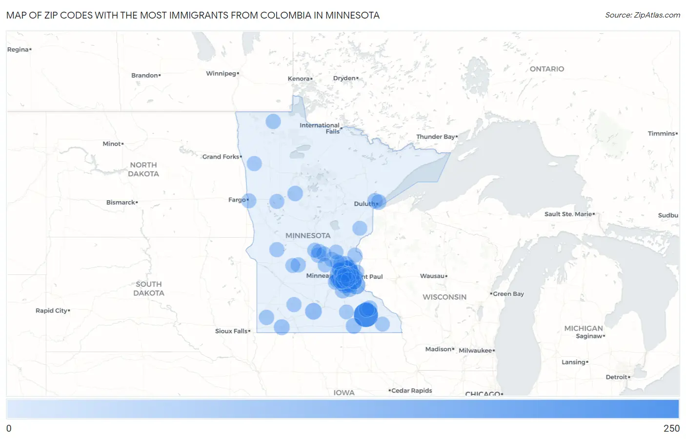 Zip Codes with the Most Immigrants from Colombia in Minnesota Map