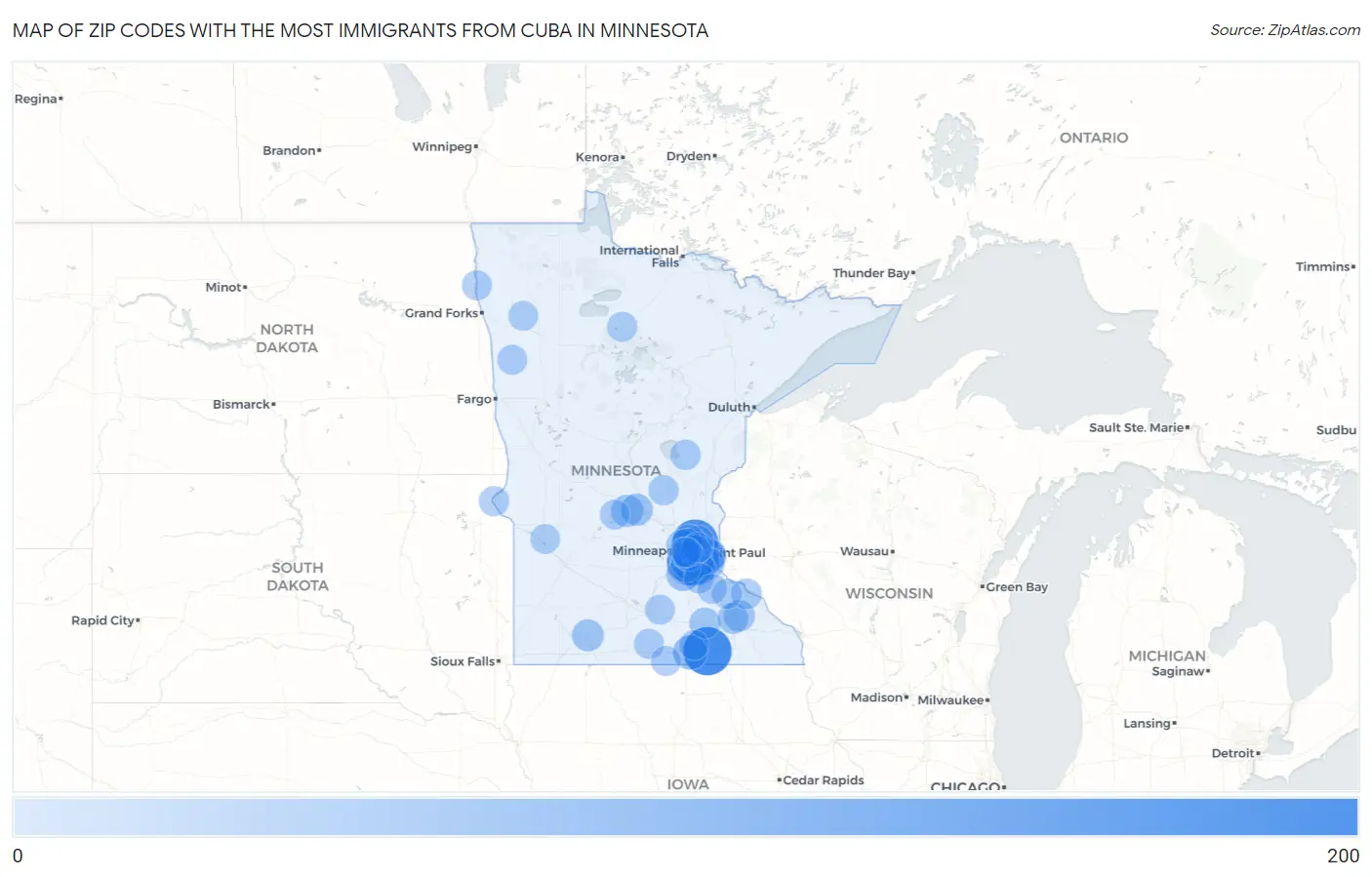 Zip Codes with the Most Immigrants from Cuba in Minnesota Map