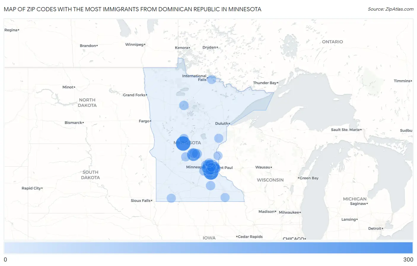 Zip Codes with the Most Immigrants from Dominican Republic in Minnesota Map