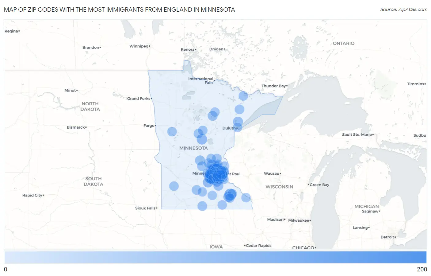 Zip Codes with the Most Immigrants from England in Minnesota Map