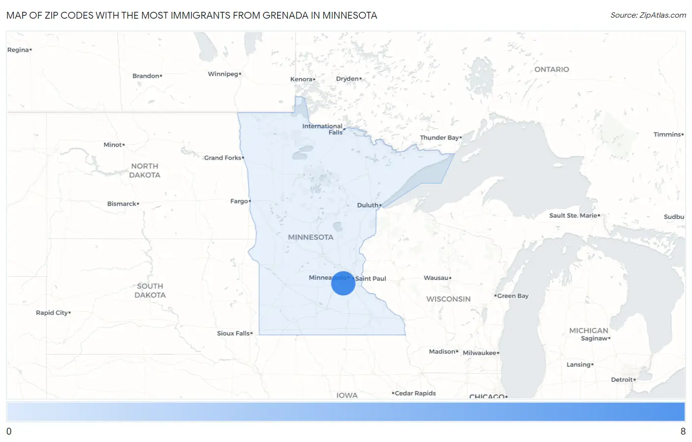 Zip Codes with the Most Immigrants from Grenada in Minnesota Map