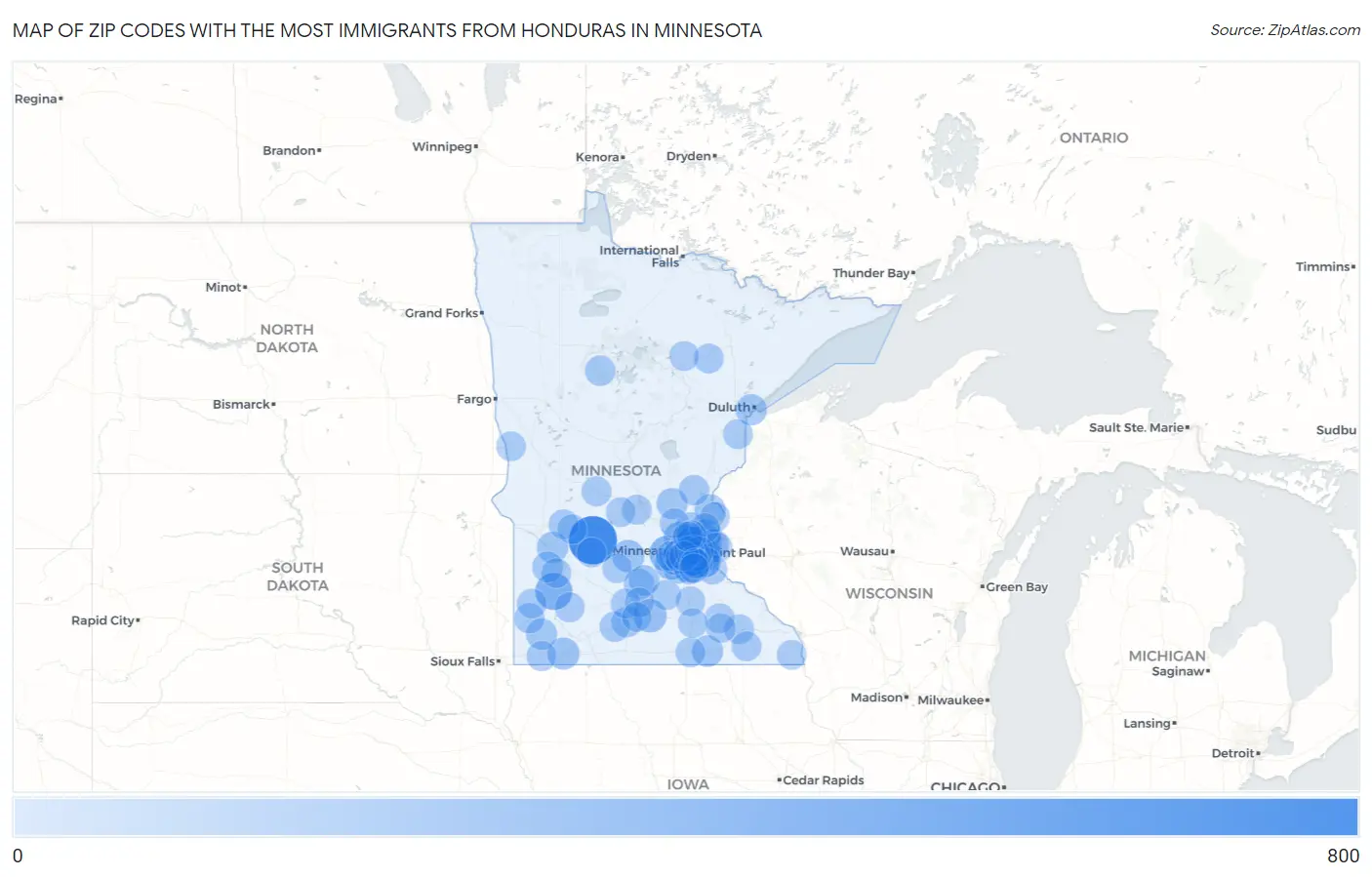 Zip Codes with the Most Immigrants from Honduras in Minnesota Map