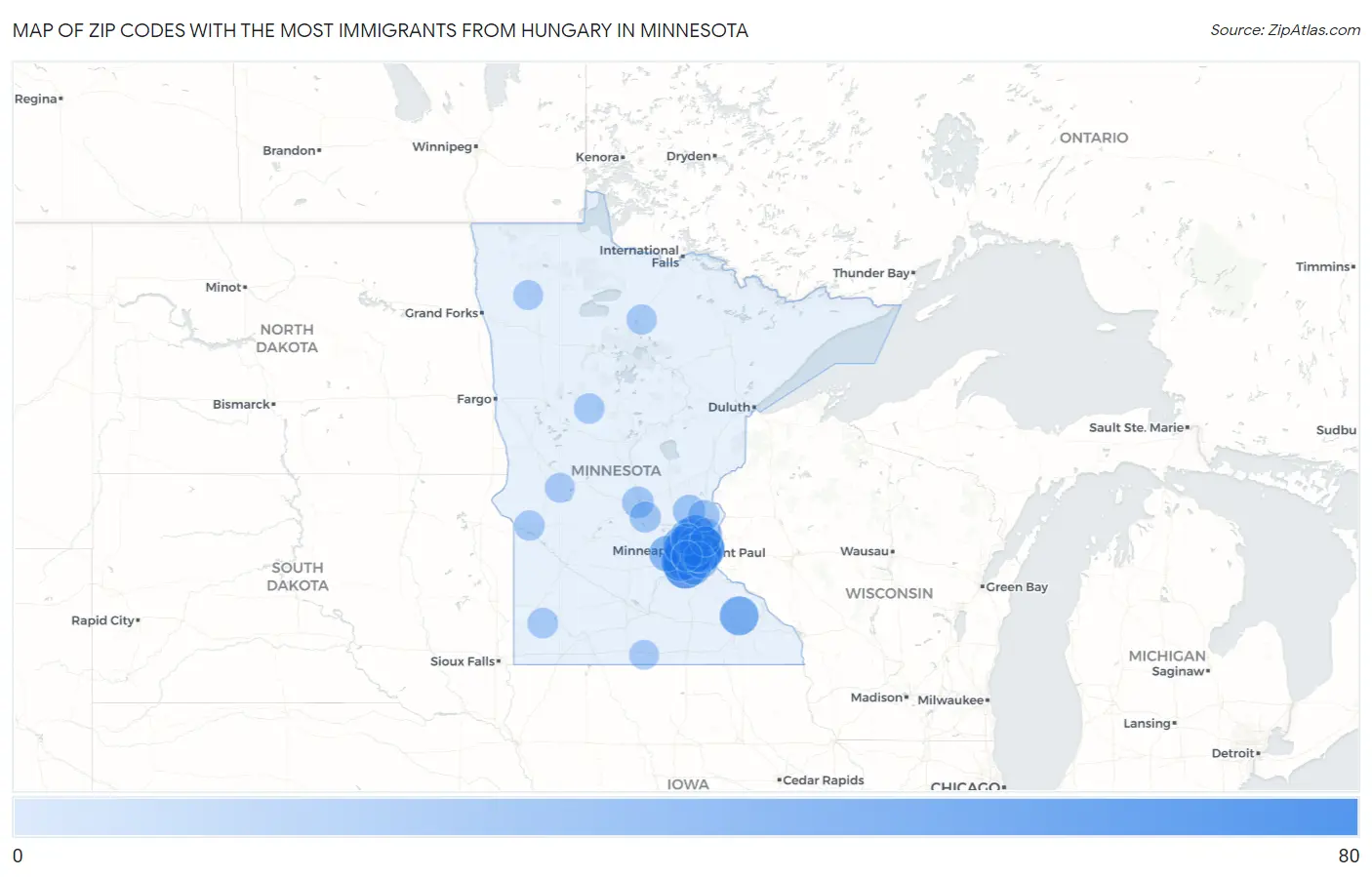 Zip Codes with the Most Immigrants from Hungary in Minnesota Map