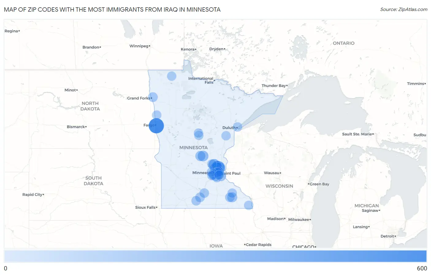 Zip Codes with the Most Immigrants from Iraq in Minnesota Map