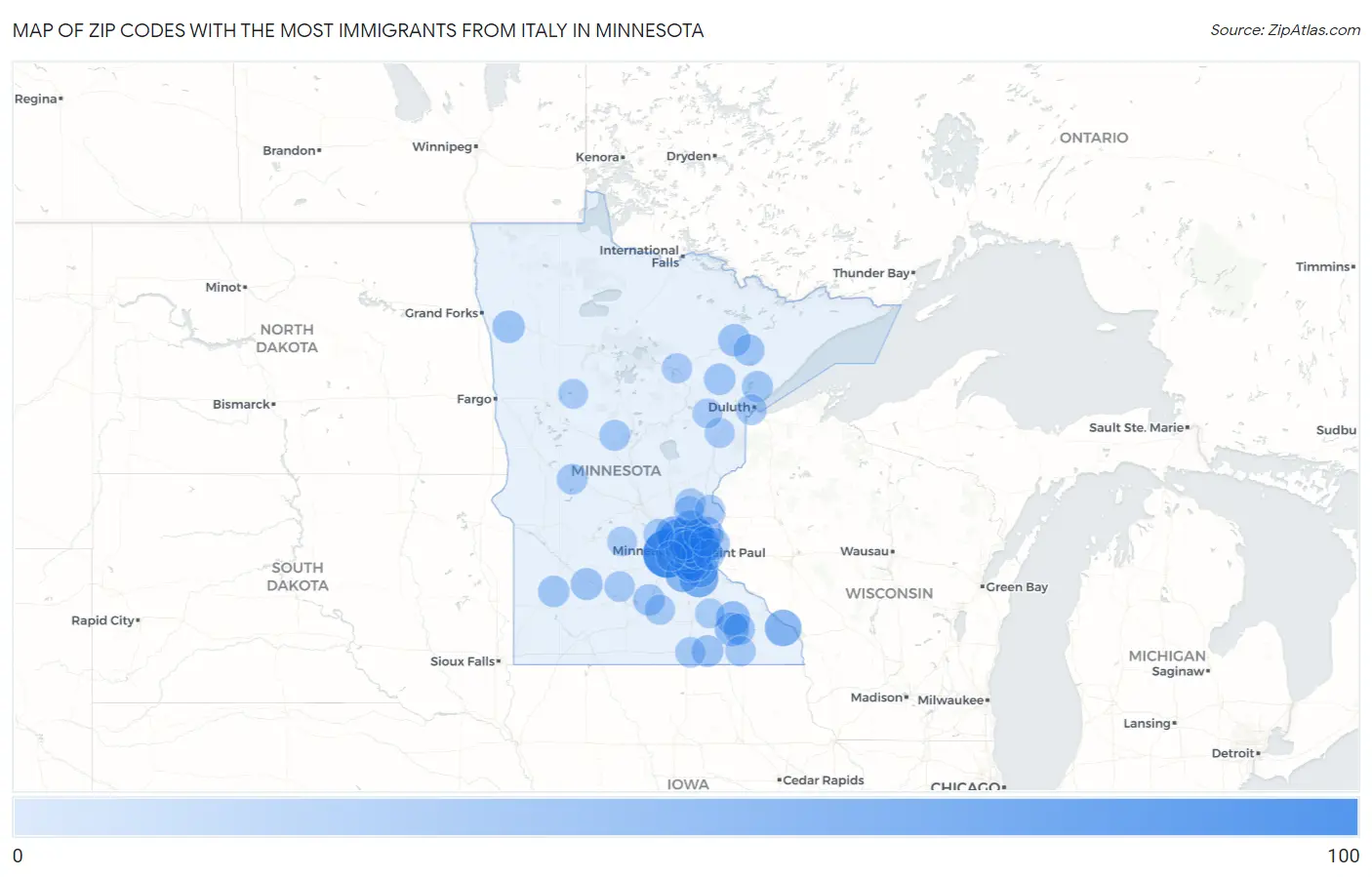 Zip Codes with the Most Immigrants from Italy in Minnesota Map