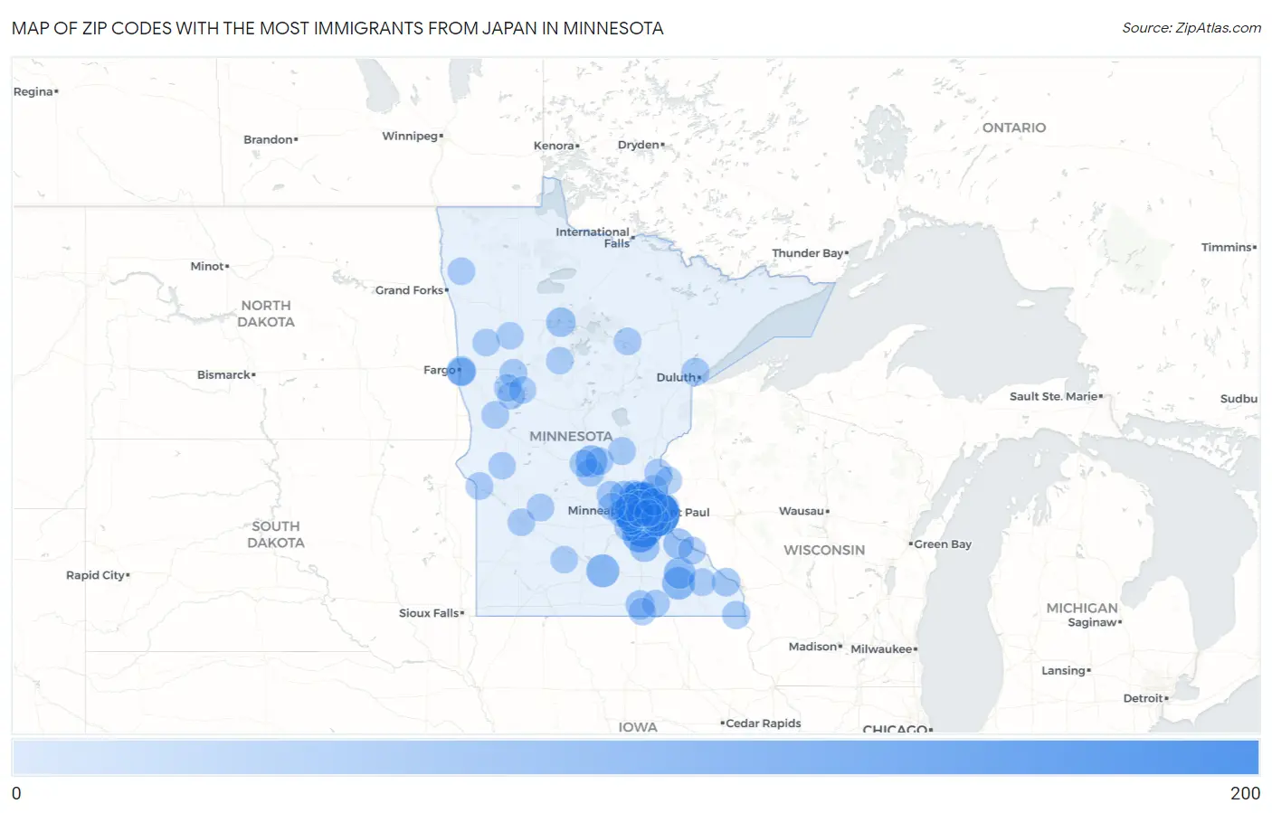 Zip Codes with the Most Immigrants from Japan in Minnesota Map