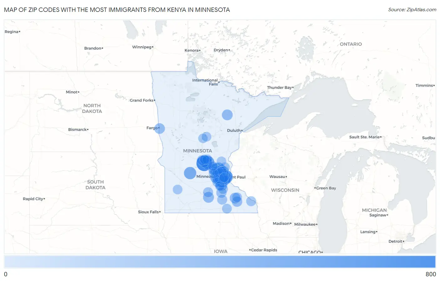 Zip Codes with the Most Immigrants from Kenya in Minnesota Map