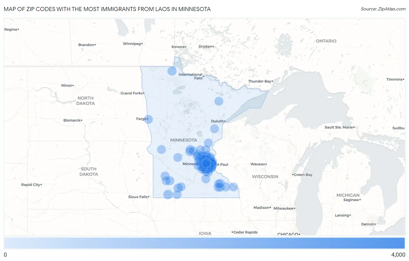Zip Codes with the Most Immigrants from Laos in Minnesota Map