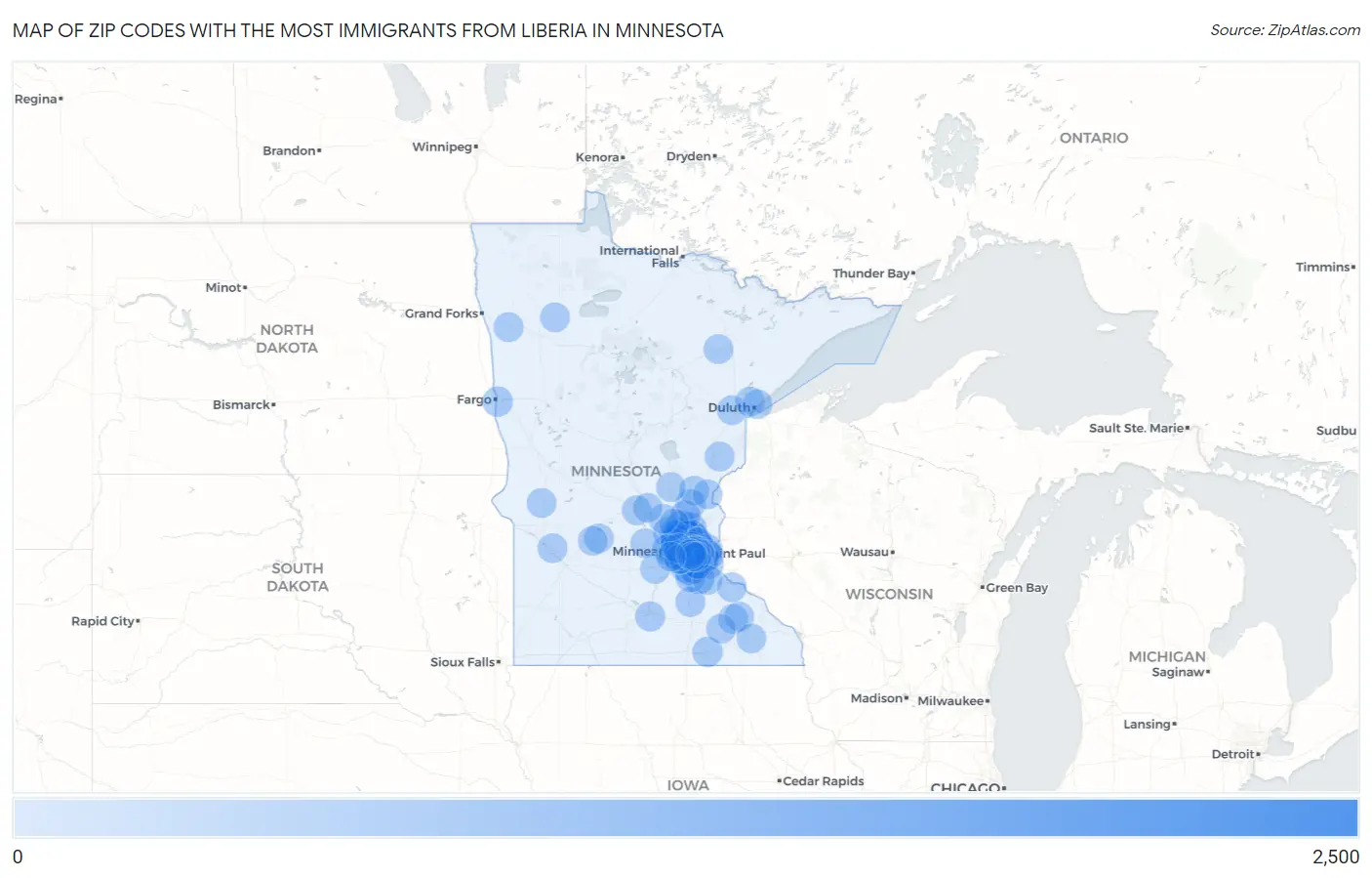 Zip Codes with the Most Immigrants from Liberia in Minnesota Map