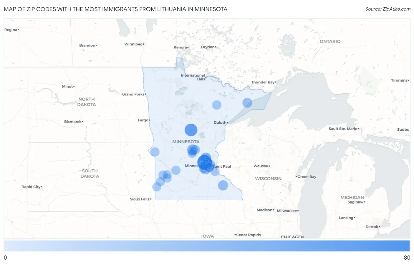 Zip Codes with the Most Immigrants from Lithuania in Minnesota Map