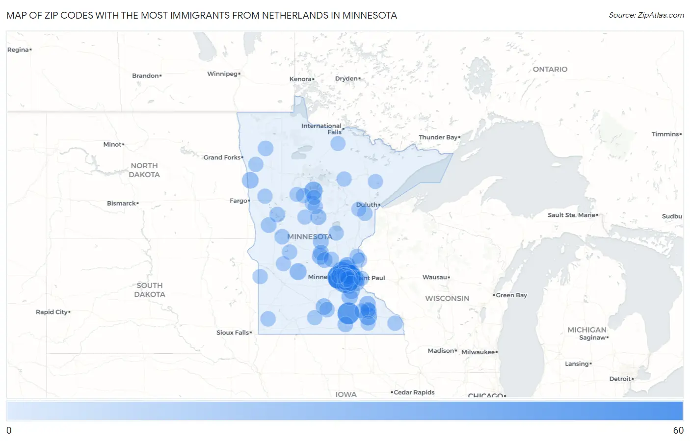 Zip Codes with the Most Immigrants from Netherlands in Minnesota Map
