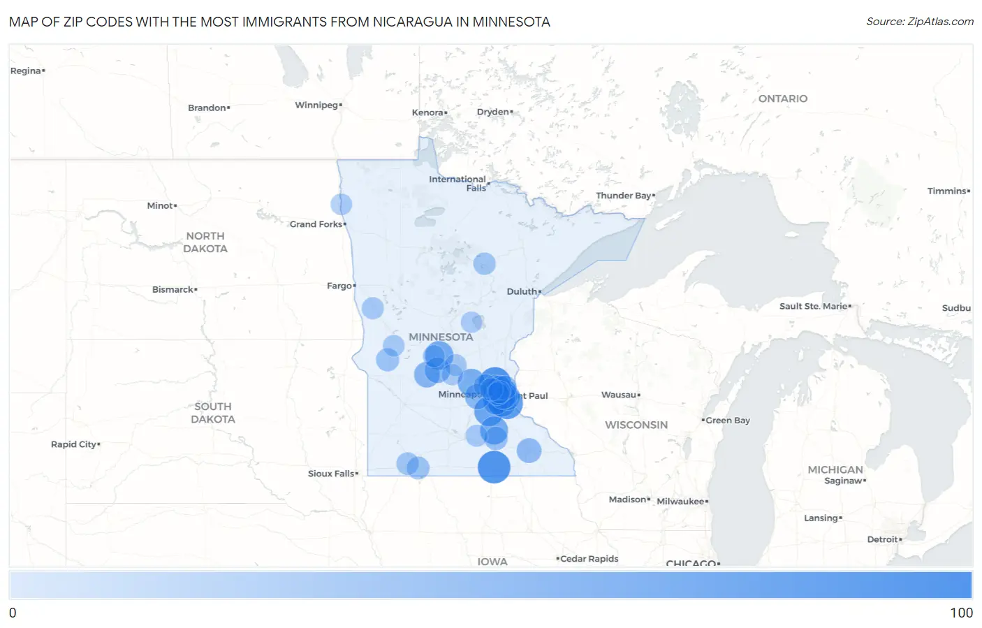 Zip Codes with the Most Immigrants from Nicaragua in Minnesota Map