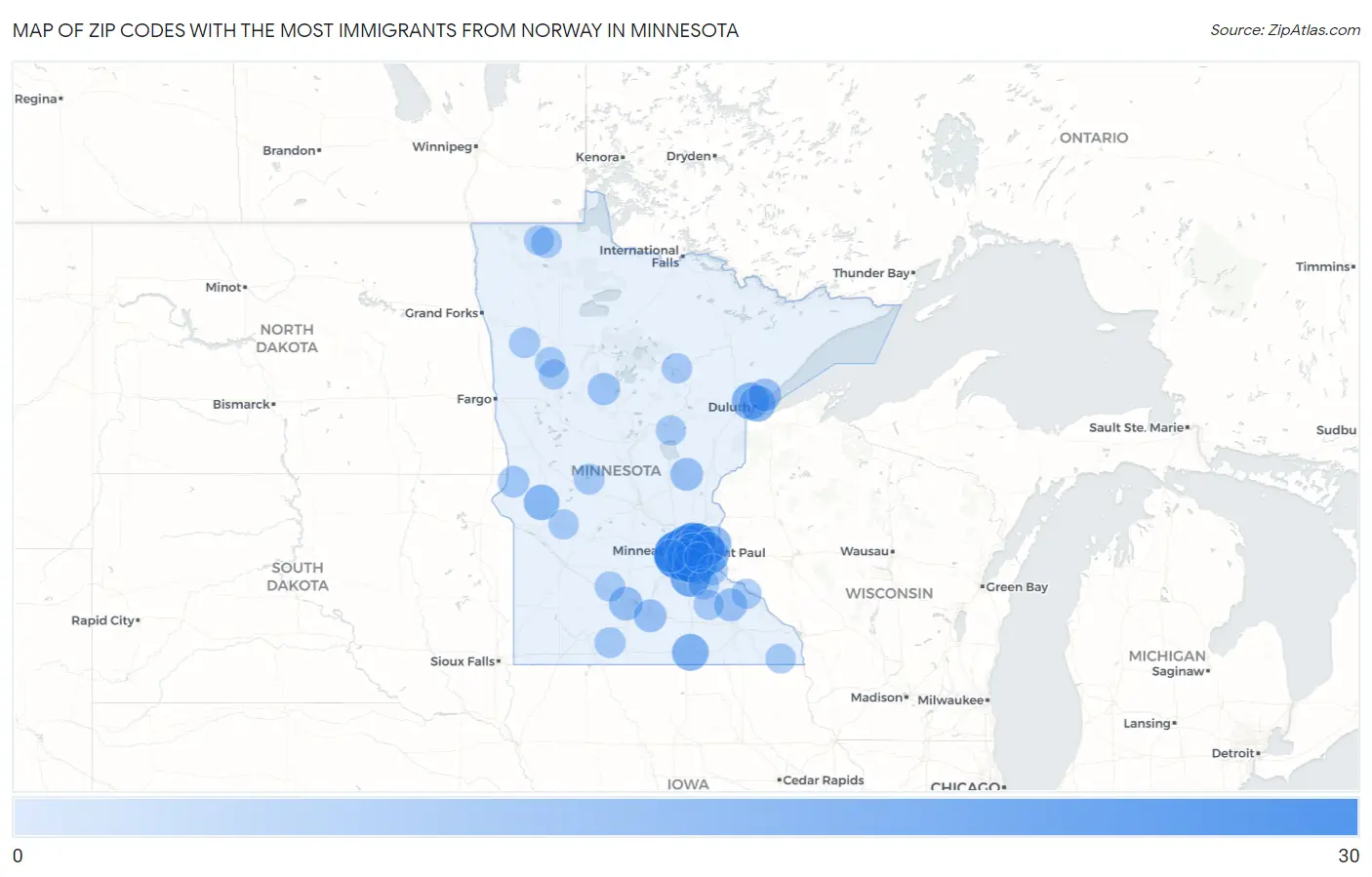 Zip Codes with the Most Immigrants from Norway in Minnesota Map