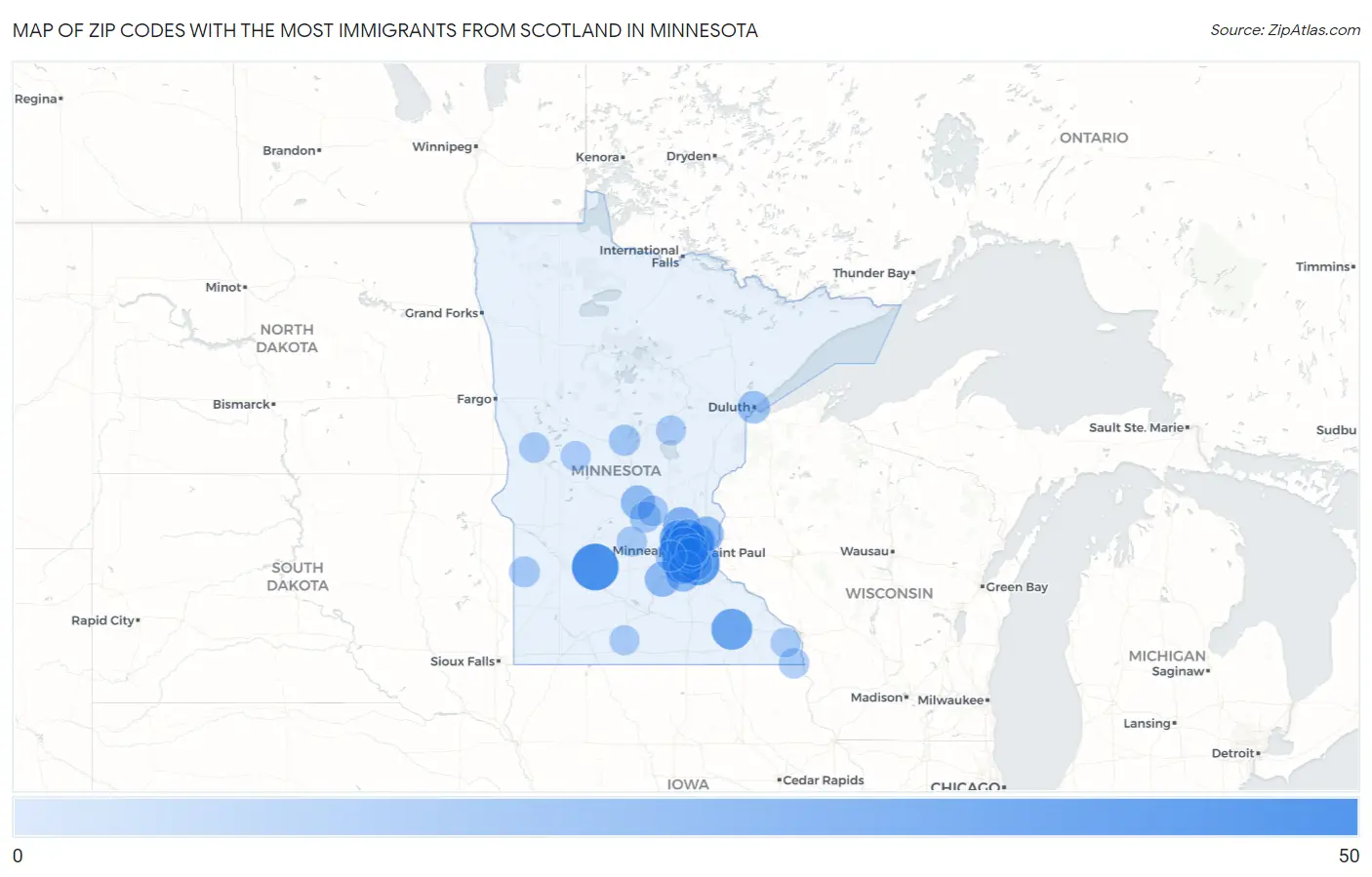 Zip Codes with the Most Immigrants from Scotland in Minnesota Map