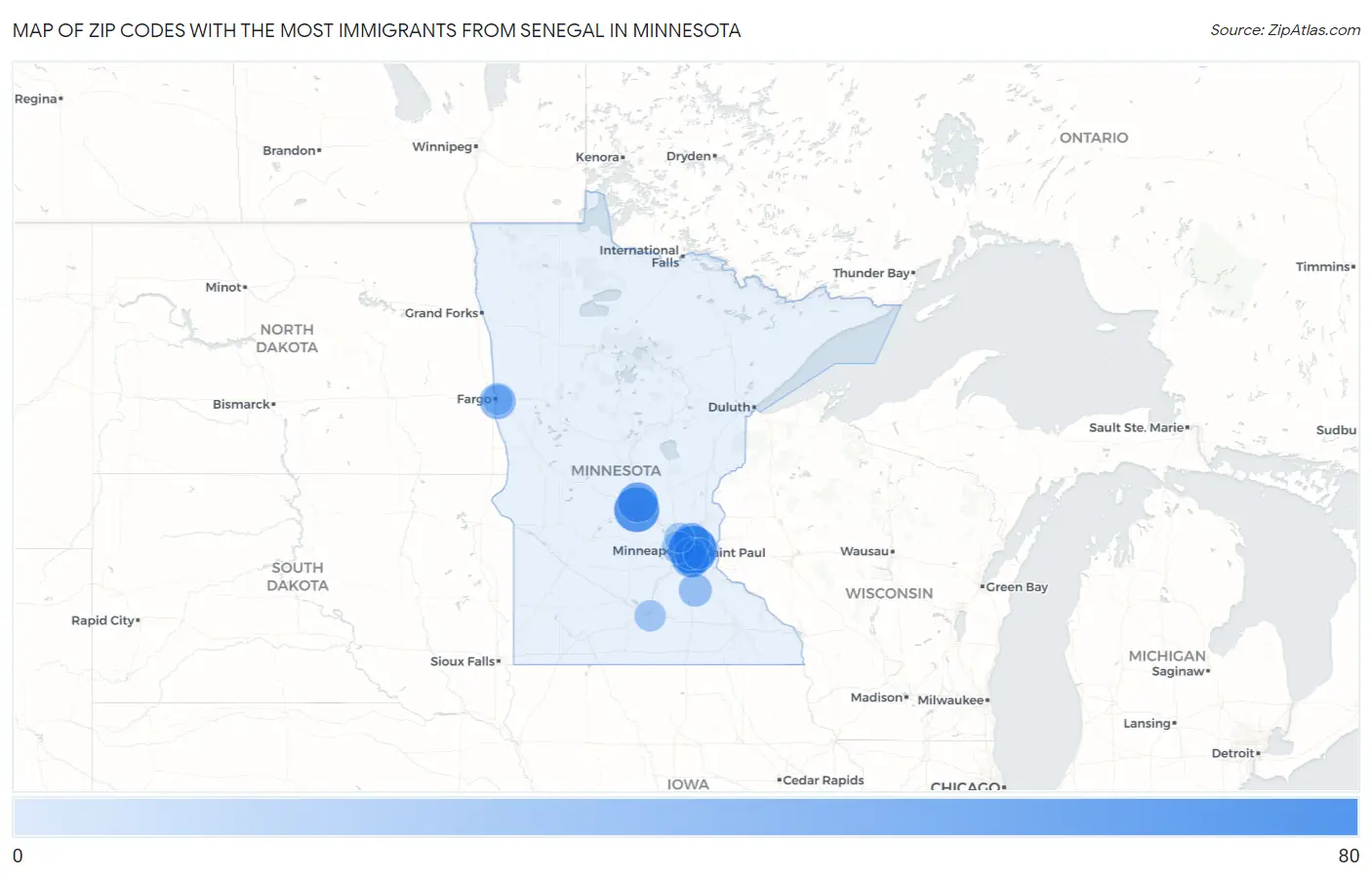Zip Codes with the Most Immigrants from Senegal in Minnesota Map