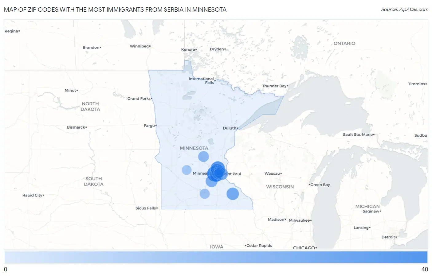 Zip Codes with the Most Immigrants from Serbia in Minnesota Map