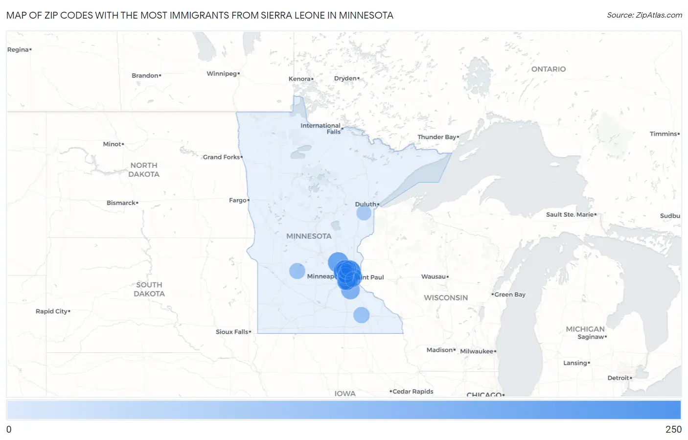 Zip Codes with the Most Immigrants from Sierra Leone in Minnesota Map