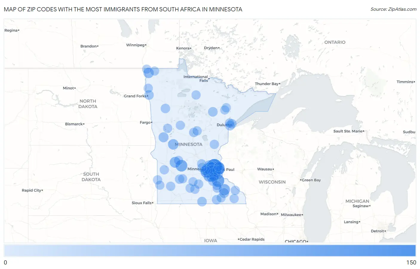 Zip Codes with the Most Immigrants from South Africa in Minnesota Map