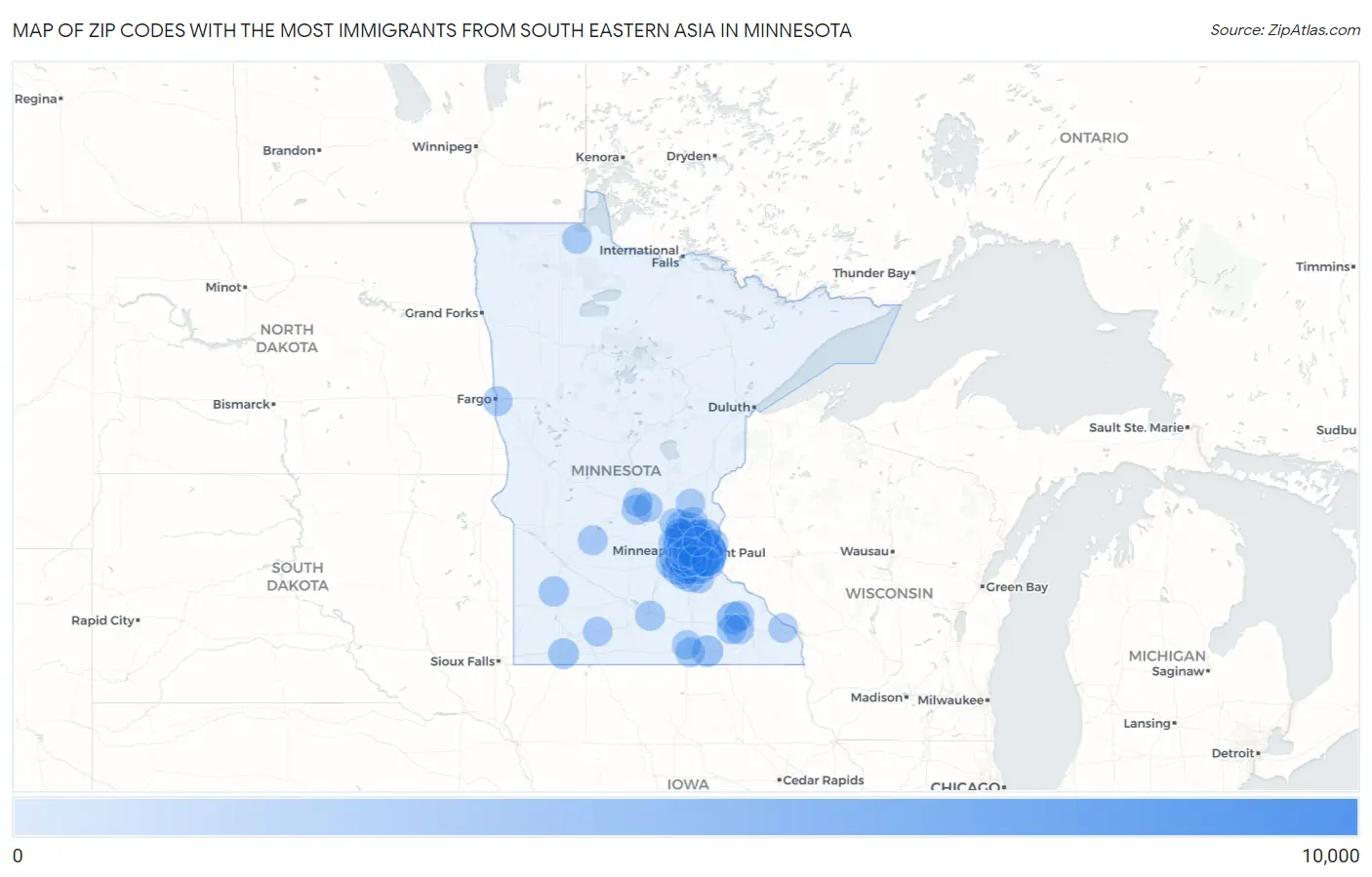 Zip Codes with the Most Immigrants from South Eastern Asia in Minnesota Map