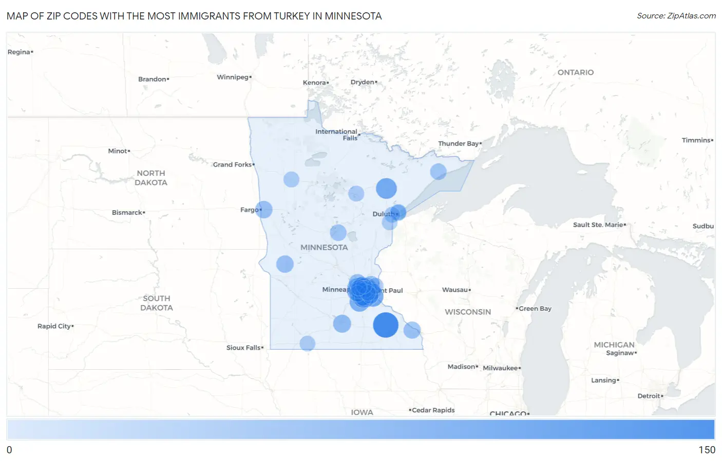 Zip Codes with the Most Immigrants from Turkey in Minnesota Map