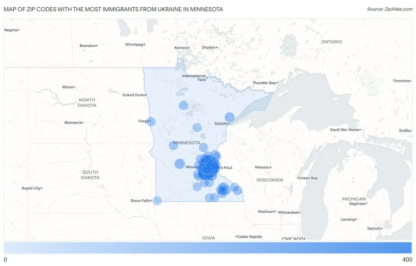 Zip Codes with the Most Immigrants from Ukraine in Minnesota Map