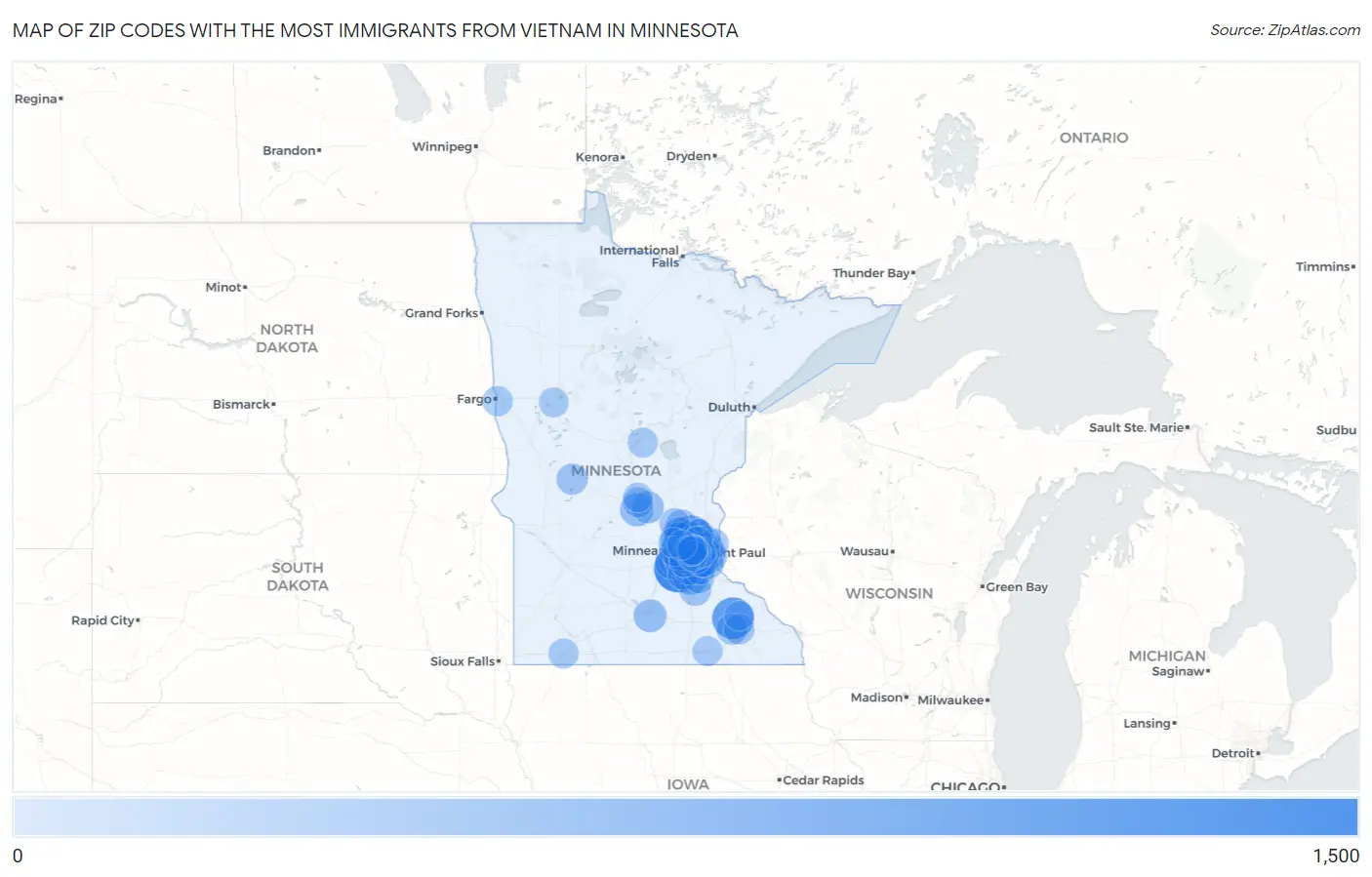 Zip Codes with the Most Immigrants from Vietnam in Minnesota Map