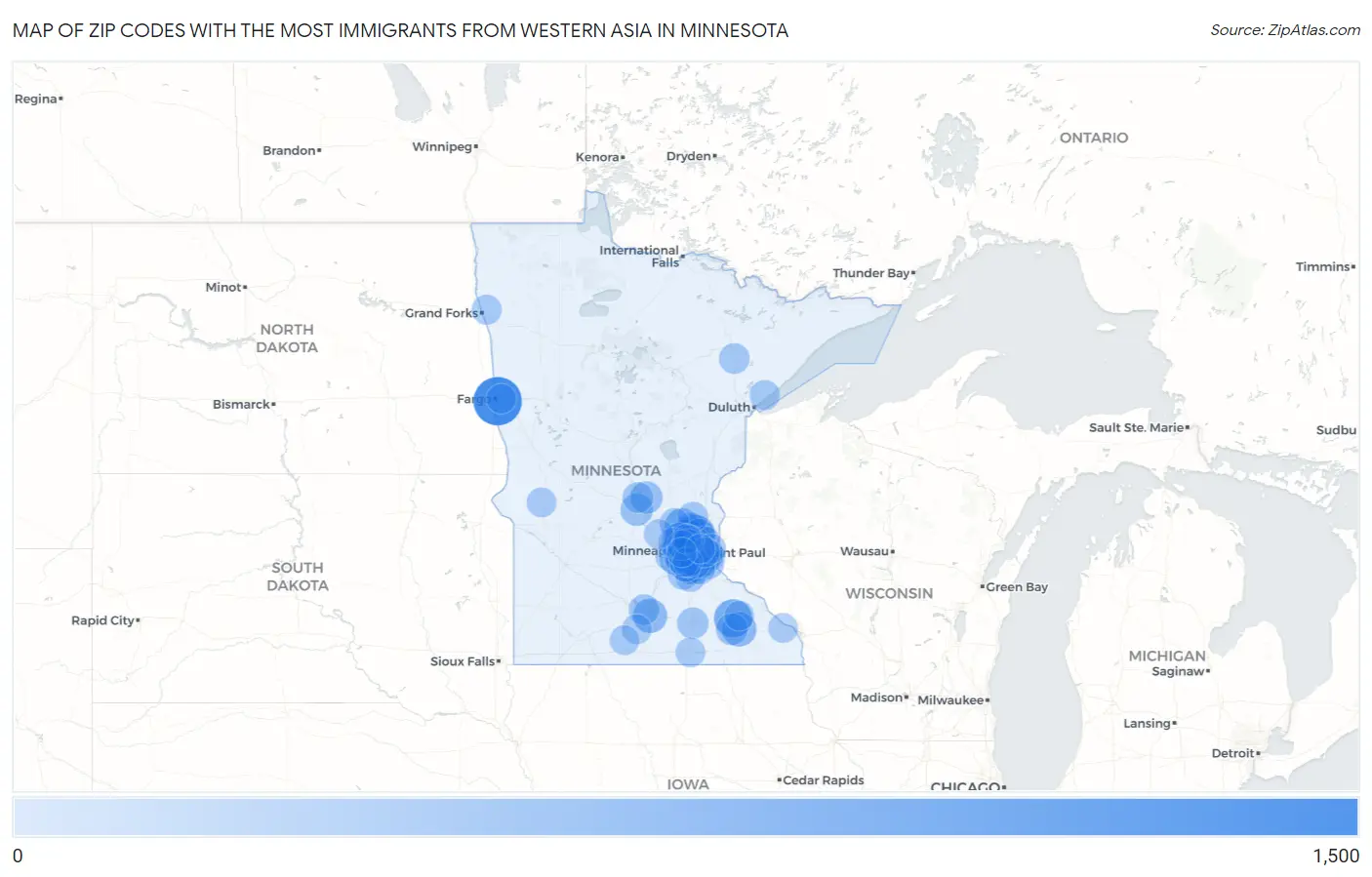 Zip Codes with the Most Immigrants from Western Asia in Minnesota Map