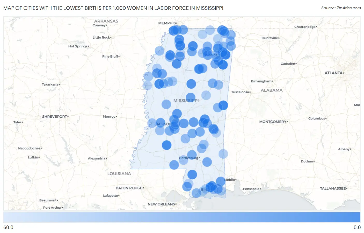 Cities with the Lowest Births per 1,000 Women in Labor Force in Mississippi Map