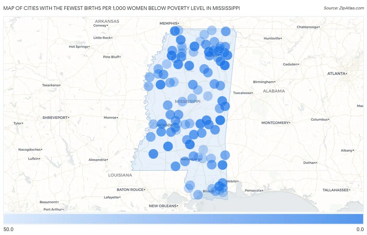 Cities with the Fewest Births per 1,000 Women Below Poverty Level in Mississippi Map