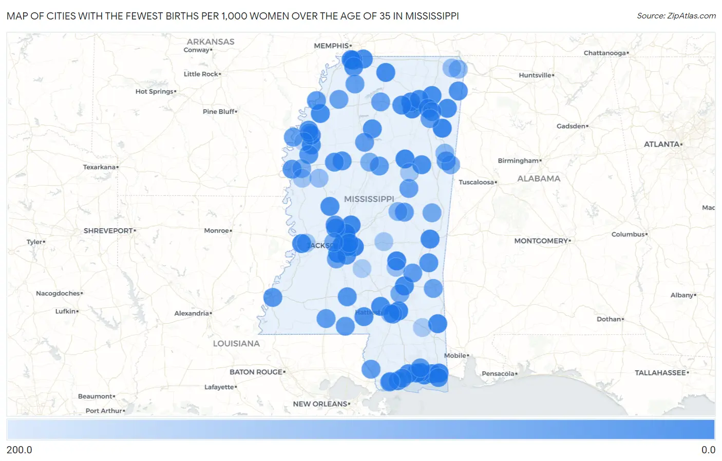 Cities with the Fewest Births per 1,000 Women Over the Age of 35 in Mississippi Map