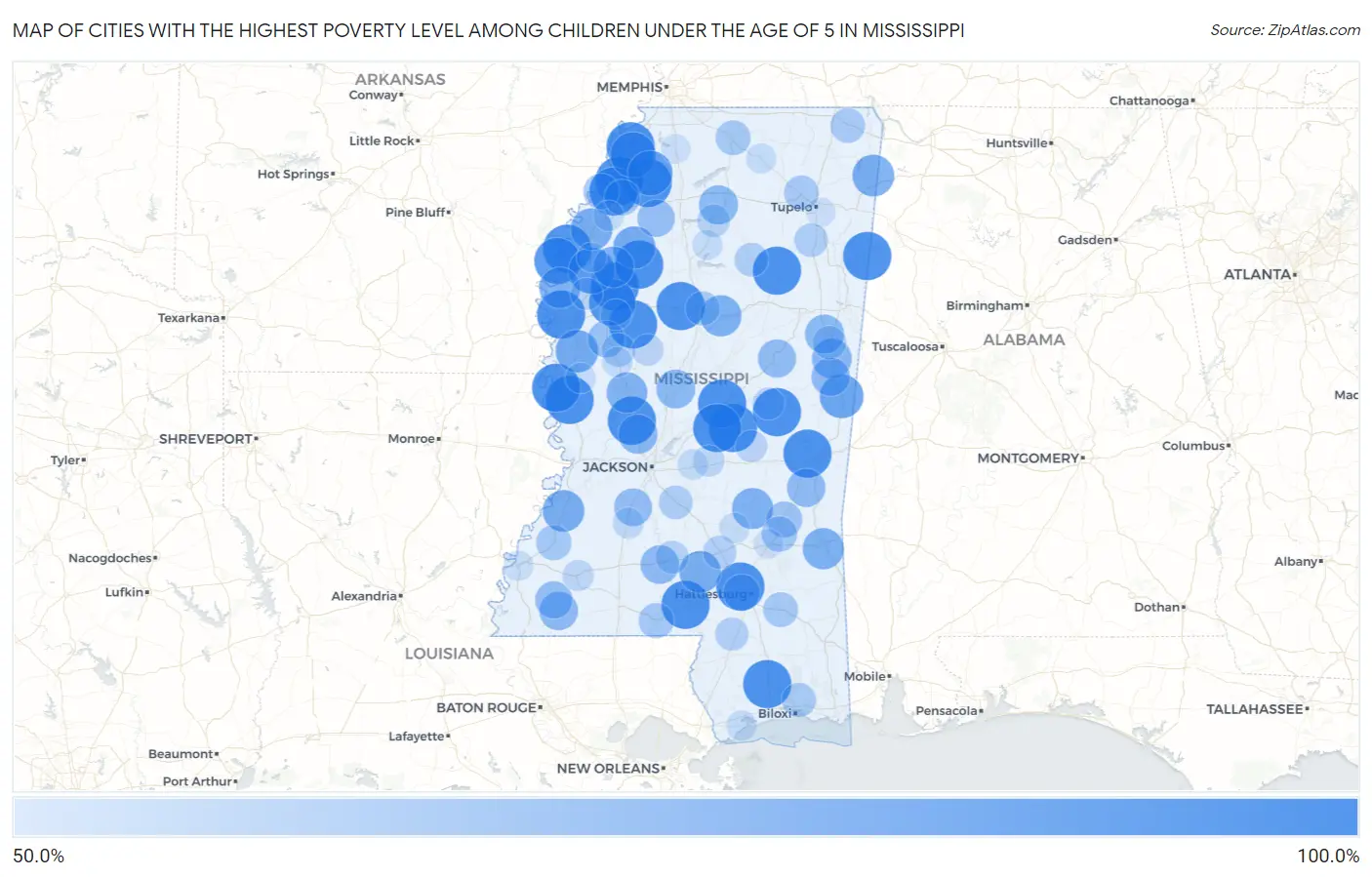 Cities with the Highest Poverty Level Among Children Under the Age of 5 in Mississippi Map