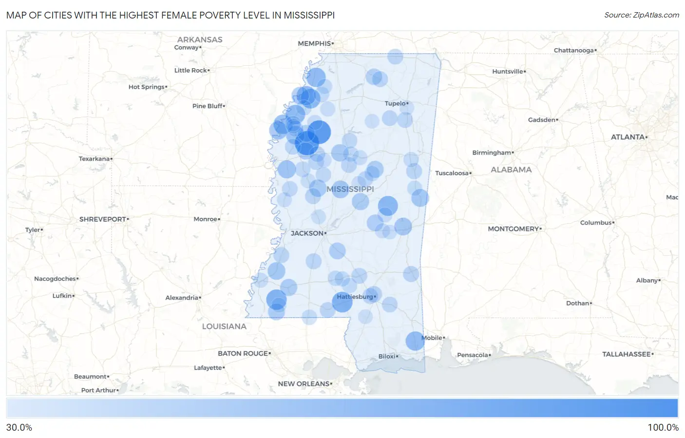 Cities with the Highest Female Poverty Level in Mississippi Map