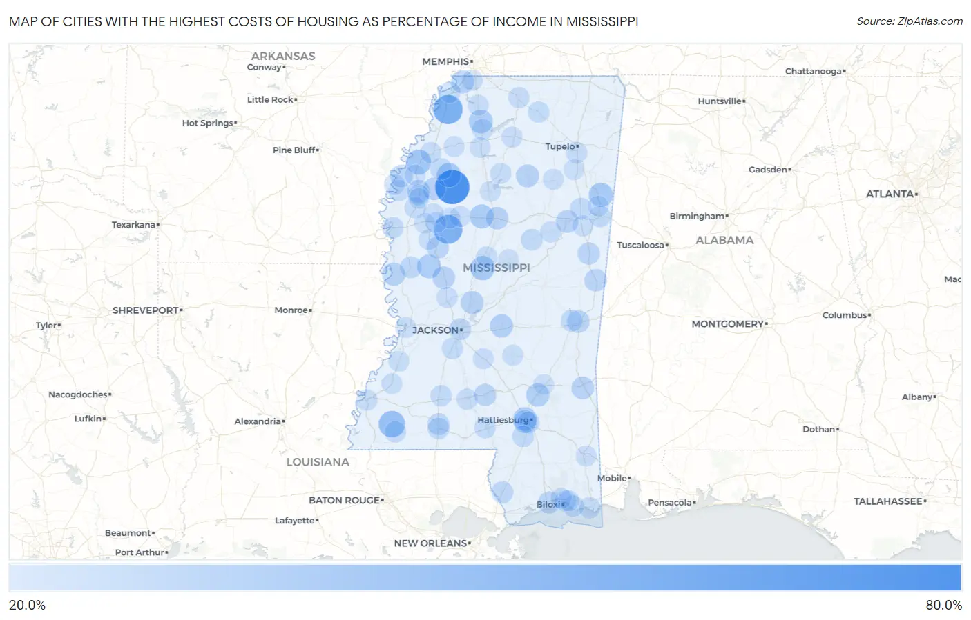 Cities with the Highest Costs of Housing as Percentage of Income in Mississippi Map