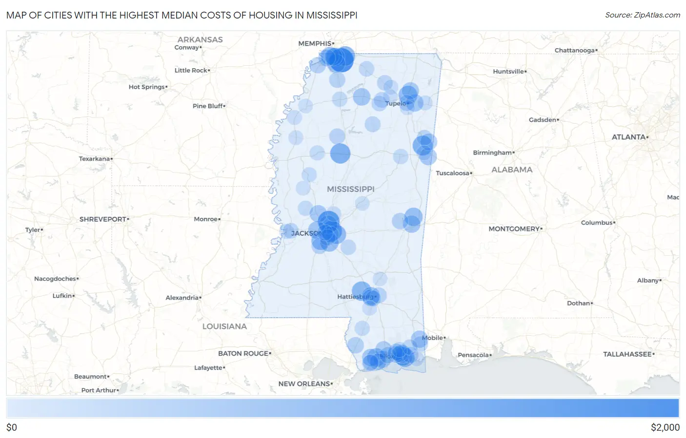 Cities with the Highest Median Costs of Housing in Mississippi Map