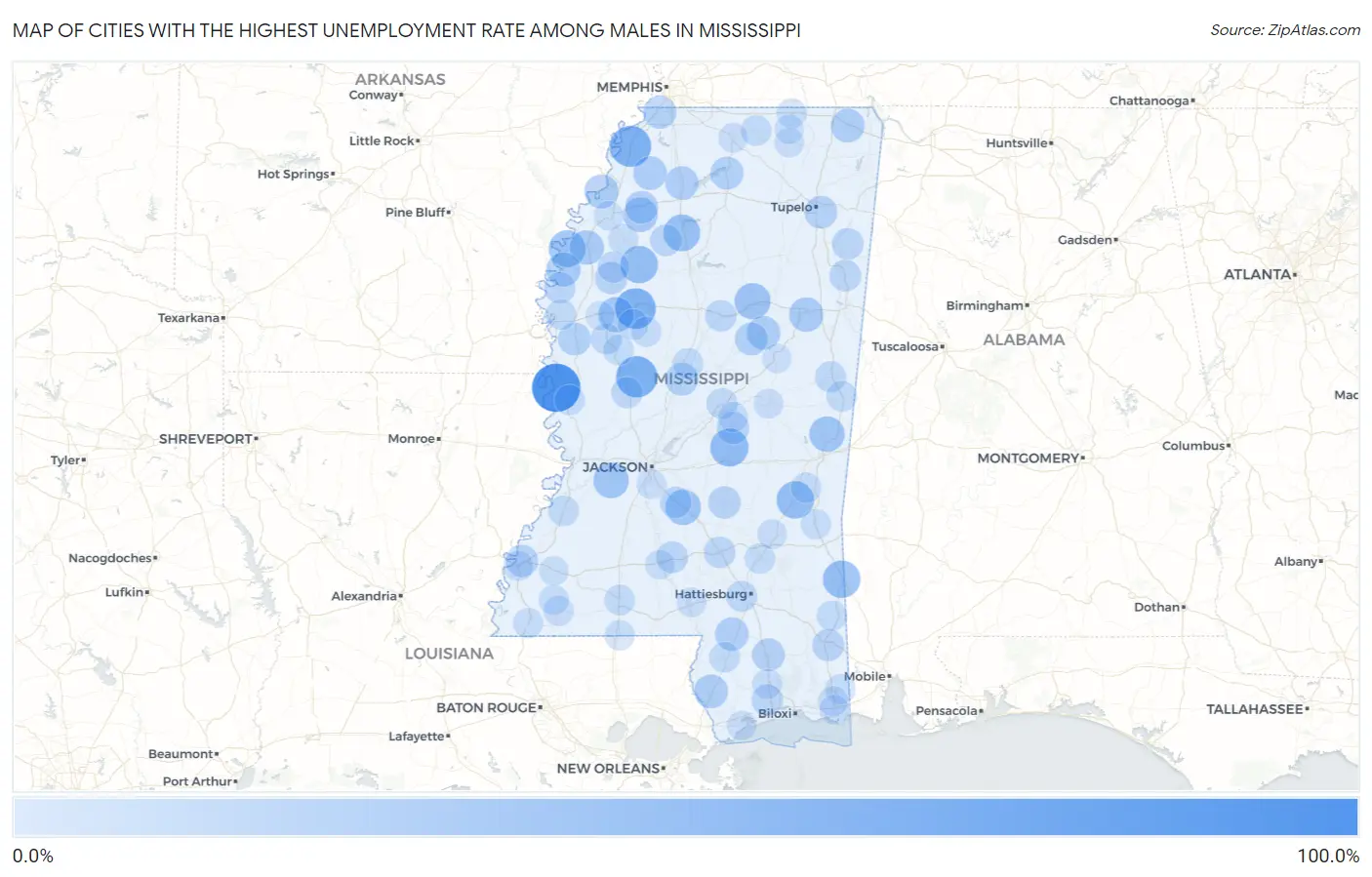 Cities with the Highest Unemployment Rate Among Males in Mississippi Map