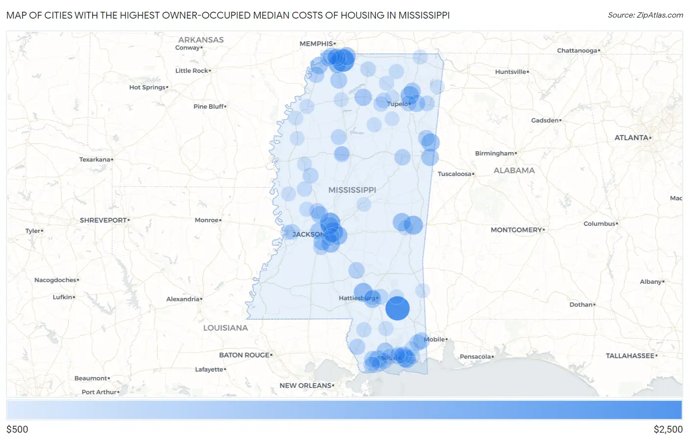 Cities with the Highest Owner-Occupied Median Costs of Housing in Mississippi Map